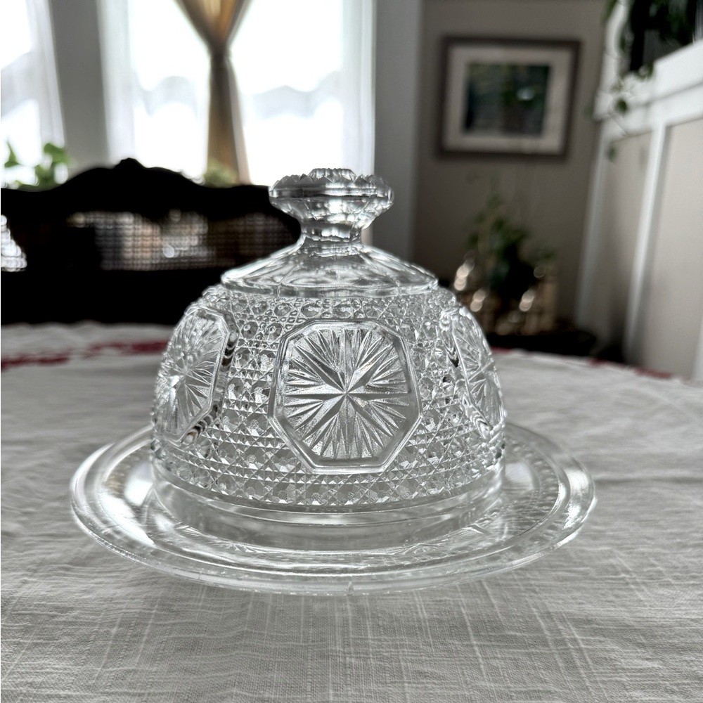 Vintage Clear Round Glass Butter Dish w/Cover